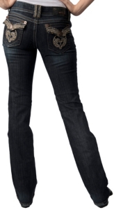 Grace in LA® Women's Tan Tribal and Crystals Flap Pocket Boot Cut Jean