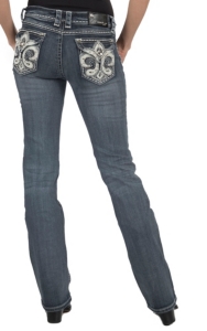 Grace in LA® Women's White Leather Fleur De Lis w/ Crystals Flap Pocket Boot Cut Jean