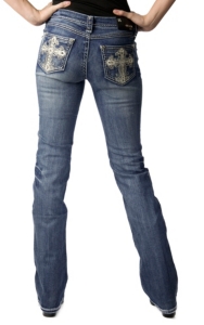 Grace in LA® Women's White Leather Cross with Embroidery and Crystals Open Pocket Boot Cut Jean