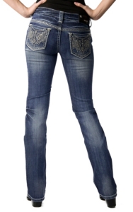 Grace in LA® Women's White with and Silver Embroidery with Crystals Open Pocket Boot Cut Jean
