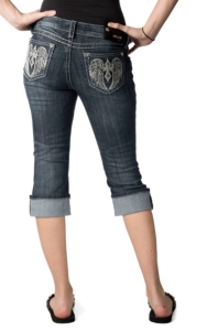 Grace in LA® Women's Embroidered Winged Cross and Crystals Open Pocket Cuffed Denim Capris