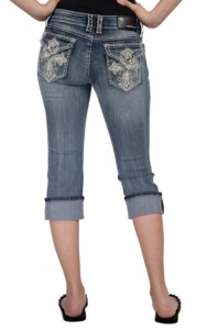 Grace in LA® Women's Cream Leather Maltese Cross w/ Embroidery & Crystal Flap Pocket Cuffed Capri