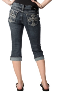 Grace in LA® Women's Silver Embroidered Cross and Crystals Flap Pocket Cuffed Denim Capris