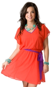 Flying Tomato® Women's Orange with Plum Purple V-Neck Tie Short Sleeve Sheer Dress