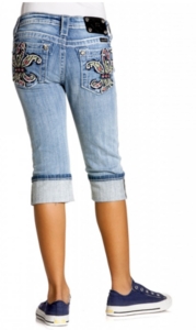 Miss Me® Girls Light Wash Multicolor Embroidered Fleur De Lis with Crystals Denim Cuff Capri