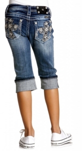 Miss Me® Girls Stonewash Silver Embroidered & White Leather Cross w/ Crystals Cuffed Denim Capri