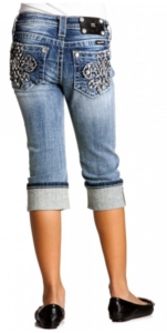Miss Me® Girls Light Wash Silver Sequin & Crystal Fleur De Lis Open Cuffed Capri