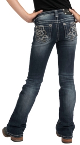 Miss Me® Girls Black Leather & Silver Embroidered Rose with Crystals Jean