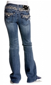 Miss Me® Girls Light Stonewash Fleur De Lis & Crystals Flap Pocket Boot Cut Jean