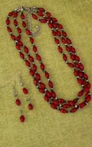 Cindy Smith® Red and Silver Beaded 3 Strand Necklace and Earrings Jewelry Set