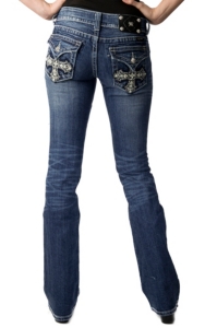 Miss Me® Ladies Cream Leather Cross w/ Crystals & Studs Flap Pocket Boot Cut Jean