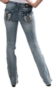 Miss Me® Women's Light Wash with White Leather Wings Flap Pockets Boot Cut Jean