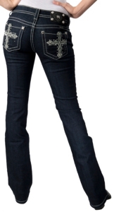 Miss Me® Womens White Leather Cross with Crystals Open Pocket Boot Cut Jean