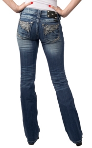 Miss Me® Womens Medium Wash Embroidered Wings w/ Crystals Open Pocket Boot Cut Jeans