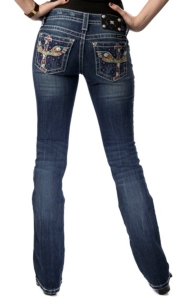Miss Me® Womens Multicolor Winged Cross with Crystals Open Pocket Boot Cut Jean