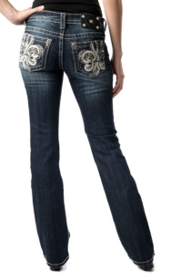 Miss Me® Womens White Leather Fleur De Lis with Crystals Open Pocket Boot Cut Jean