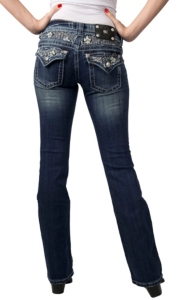 Miss Me® Womens Small Fleur De Lis with White Leather Waist & Flap Pocket Boot Cut Jean - Extended Sizes