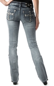 Miss Me® Womens White Leather Floral Cross with Crystals Open Pocket Boot Cut Jean