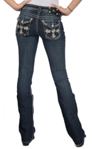 Miss Me® Womens Medium Wash Embroidered Cross, White Leather Flowers and Crystals Flap Pocket Boot Cut Jeans
