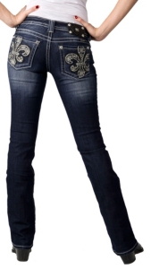 Miss Me® Ladies Black Leather & Embroidered Fleur de Lis Open Pocket Boot Cut Jean