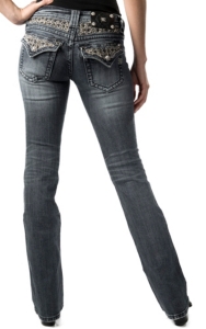 Miss Me® Womens Fleur De Lis with Crystals Waist & Flap Pocket Boot Cut Jean