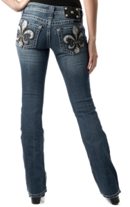 Miss Me® Womens White Snakeprint & Black Fleur De Lis w/ Crystals Open Pocket Boot Cut Jean