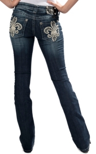Miss Me® Women's Dark Wash Leather Fleur w/ Flowers, Studs and Crystal Open Pocket Boot Cut Jean