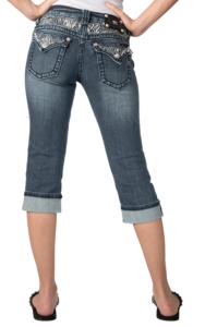 Miss Me® Womens Medium Wash with Zebra & Mini Horseshoe Embroidery Flap Pocket Cuffed Capri Jeans