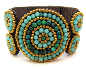 Pannee® Turquoise, Teal and Gold Beaded Brown Leather Cuff