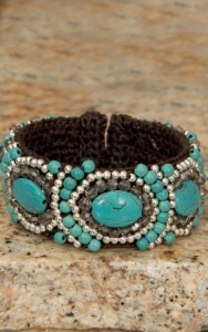 Pannee® Turquoise & Silver Beads w/ Smokey Crystals Brown Rope Cuff