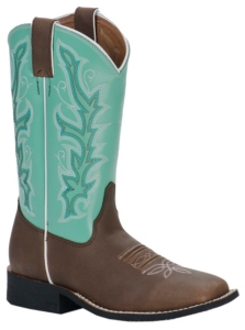 Justin® Youth Chocolate Brown w/ Sea Green Top Square Toe Western Boots