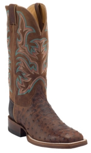 Justin® AQHA Remuda™ Mens Antique Saddle Full Quill Ostrich w/ Brandy Jurassic Goat Top Exotic Square Toe Boot