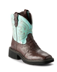 Justin® Gypsy™ Kid's Brown Ostrich Print w/ Blue Teal Top Square Toe Western Boots