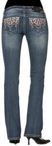 Miss Me® Ladies Cream Leaf Embroidery with Crystals & Studs Open Pocket Boot Cut Jean
