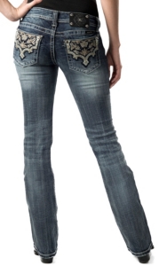 Miss Me® Womens Cream & Crystal Scroll Leather Patch Open Pocket Boot Cut Jean - Extended Sizes