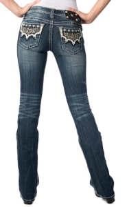 Miss Me® Womens Medium Wash White Leather w/ Embroidery & Crystals Open Pocket Boot Cut Jeans
