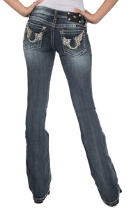 Miss Me® Womens Medium Wash White Leather Horseshoe w/ Wings and Crystals Open Pocket Boot Cut Jeans