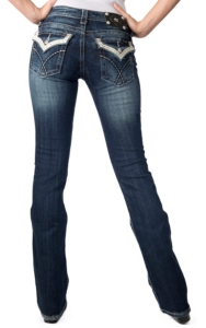 Miss Me® Womens Dark Wash White Leather w/ Crystals Flap Pocket Boot Cut Jean
