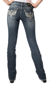 Miss Me® Womens Medium Wash Silver Embroidery with Sequins & Crystals Flap Pocket Boot Cut Jeans