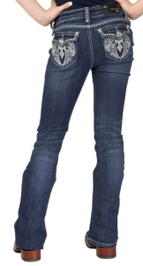 Grace in LA® Girl's Winged Cross Embroidery & Crystals Open Pocket Boot Cut Jean