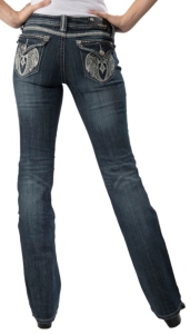 Grace in LA® Women's Winged Cross Embroidery & Crystals Flap Pocket Boot Cut Jean