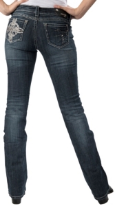 Grace in LA® Women's Fleur De Lis Cross Embroidery & Crystals Open Pocket Boot Cut Jean