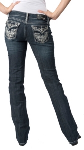 Grace in LA® Women's Flower Swirl Embroidery w/ Crystals Flap Pocket Boot Cut Jean