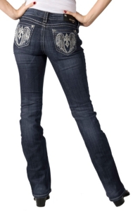 Grace in LA® Women's Winged Cross Embroidery & Crystals Open Pocket Boot Cut Jean- Easy Fit