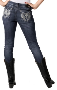 Grace in LA® Women's Winged Cross Embroidery & Crystals Open Pocket Skinny Leg Jean