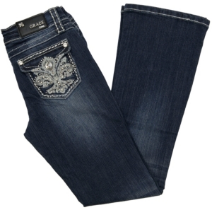 Grace in LA® Girl's Fleur De Lis w/ Crystals & Studs Flap Pocket Boot Cut Jean