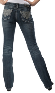 Grace in LA® Women's Silver Swirl Embroidery & Crystals Open Pocket Boot Cut Jean