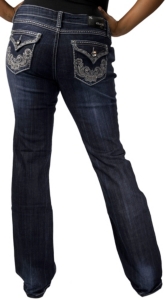 Grace in LA® Women's Swirl Embroidery w/ Crystals & Studs Flap Pocket Boot Cut Jean- Plus Sizes