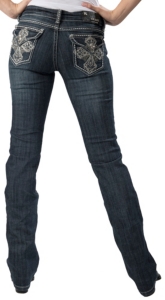 Grace in LA® Women's Embroidered Scalloped Cross w/ Crystals & Studs Flap Pocket Boot Cut Jean