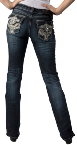 Grace in LA® Women's White and Gold Swirl Embroidery with Crystals Flap Pocket Boot Cut Jean